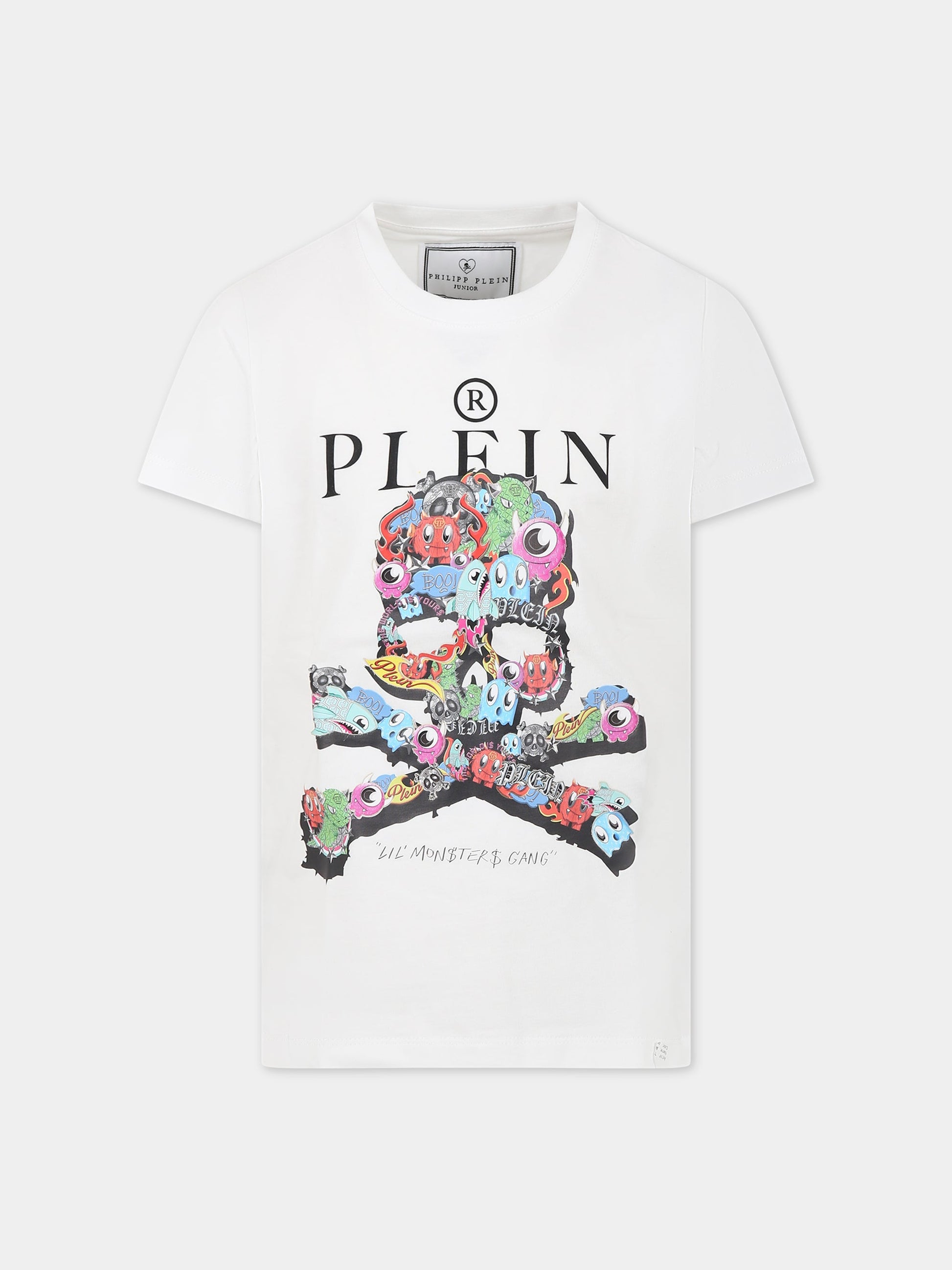 T-shirt bianca per bambino con teschio multicolor e logo,Philipp Plein Junior,2PM003 LAA24 10101