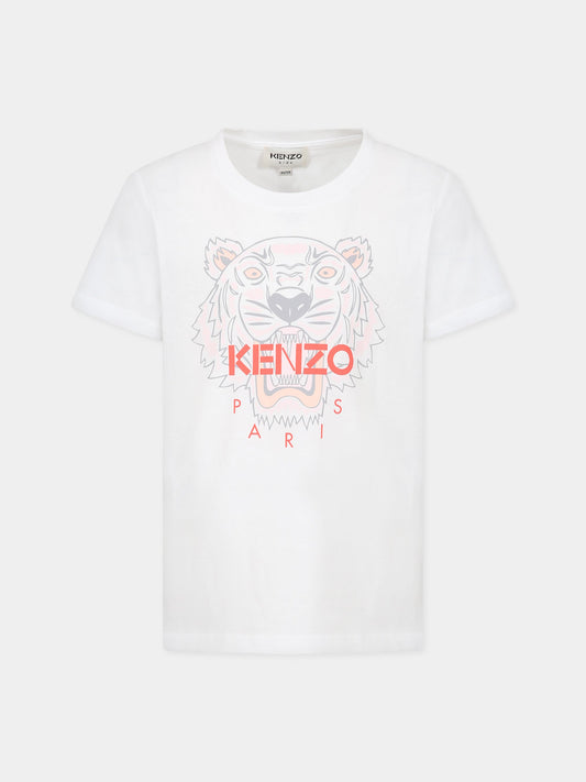 T-shirt bianca per bambina con Kotora e logo,Kenzo Kids,K15662 10B